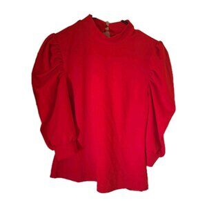 Mock Neck Womens Blouse Large Red Puff 3/4 Length Sleeve Office Casual Dress